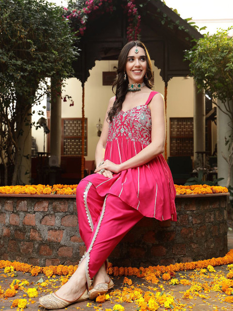 Stylum Floral Yoke Design Empire Shoulder Straps Embroidered A-Line Fusion Kurti With Dhoti Pants - Image 7