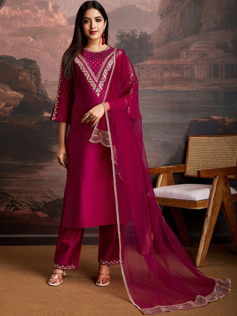 House of Pataudi Embroidered Kurta & Trousers with Dupatta