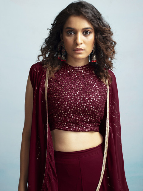 SANCIA Embroidered Halter Neck Crop Top with Palazzos & Dupatta - Image 2