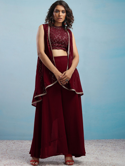 SANCIA Embroidered Halter Neck Crop Top with Palazzos & Dupatta