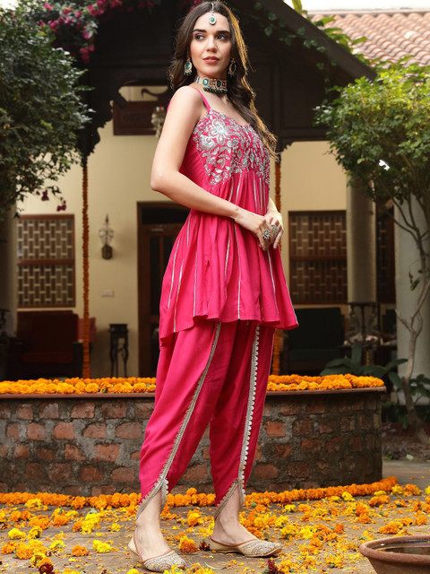 Stylum Floral Yoke Design Empire Shoulder Straps Embroidered A-Line Fusion Kurti With Dhoti Pants - Image 4