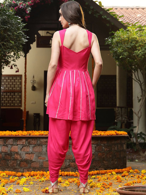 Stylum Floral Yoke Design Empire Shoulder Straps Embroidered A-Line Fusion Kurti With Dhoti Pants - Image 5