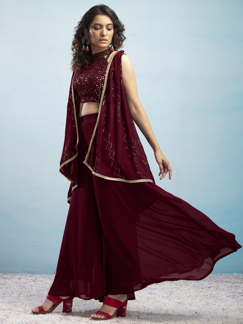 SANCIA Embroidered Halter Neck Crop Top with Palazzos & Dupatta - Image 4