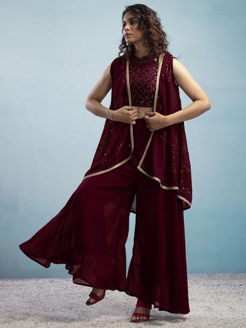 SANCIA Embroidered Halter Neck Crop Top with Palazzos & Dupatta - Image 6