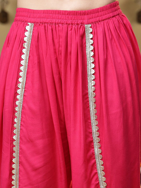 Stylum Floral Yoke Design Empire Shoulder Straps Embroidered A-Line Fusion Kurti With Dhoti Pants - Image 3