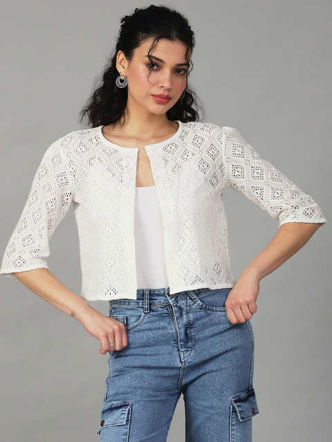 UnaOne Geometric Self Design Pure Cotton Open Front Shrug