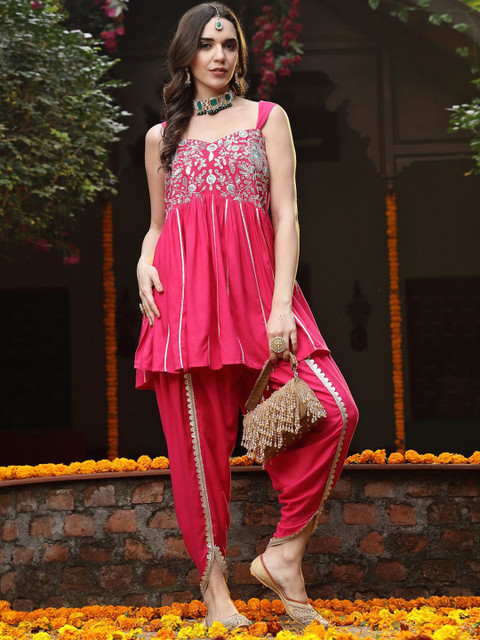 Stylum Floral Yoke Design Empire Shoulder Straps Embroidered A-Line Fusion Kurti With Dhoti Pants - Image 6