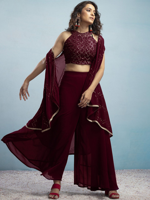 SANCIA Embroidered Halter Neck Crop Top with Palazzos & Dupatta - Image 3