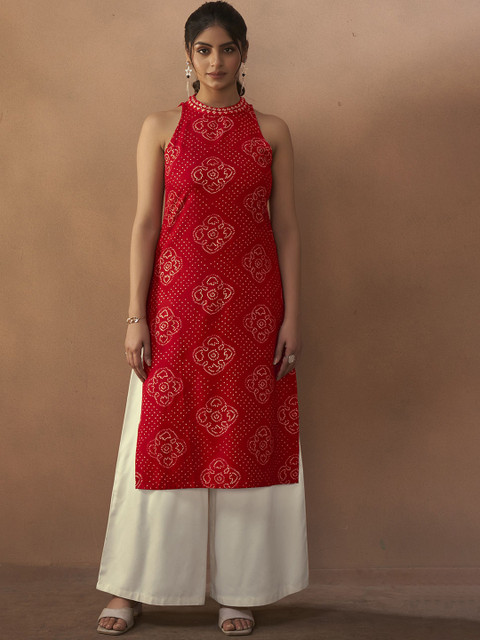 Anouk Women Bandhani Printed Halter Neck Mirror Work Kurta