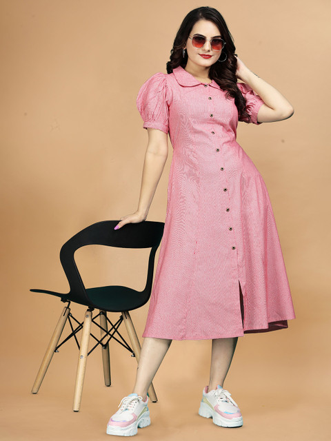 QENA Women Cotton Peter Pan Collar Puff Sleeve Applique A-Line Dress