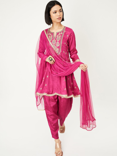 max Floral Embroidered Notch Neck Sequinned A-Line Kurti With Trouser & Dupatta