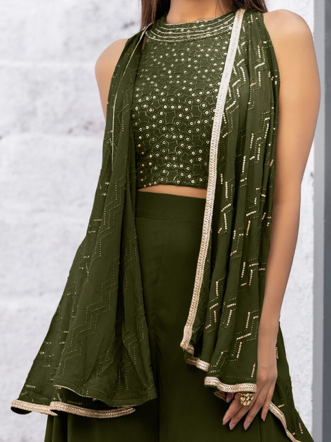 SANCIA Embroidered Halter Neck Crop Top with Palazzos & Dupatta - Image 2