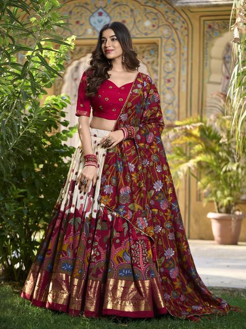 Aavisa Queency Printed Silk Ready to Wear Lehenga & Unstitched Blouse With Dupatta