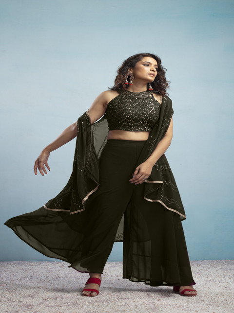 SANCIA Geometric Embroidered Halter Neck Sequinned Crop Top With Palazzos & Dupatta