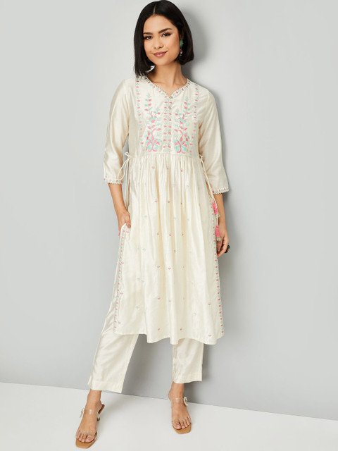 max Floral Embroidered Pleated Thread Work Kurta With Trousers