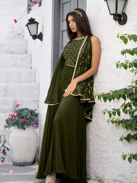 SANCIA Embroidered Halter Neck Crop Top with Palazzos & Dupatta - Image 5