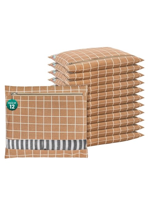 Kuber Industries Brown & White 12 Pieces Checked Mesh Cotton Clothes Organisers
