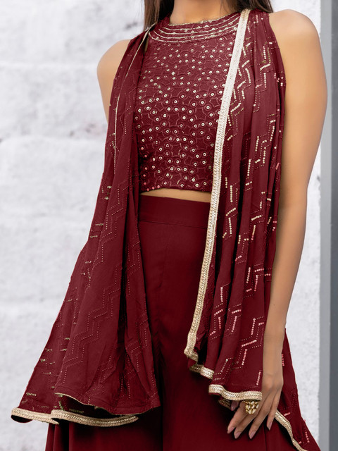 SANCIA Embroidered Halter Neck Crop Top with Palazzos & Dupatta - Image 2