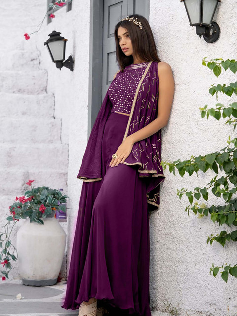 SANCIA Embroidered Halter Neck Crop Top With Palazzos & Dupatta - Image 5