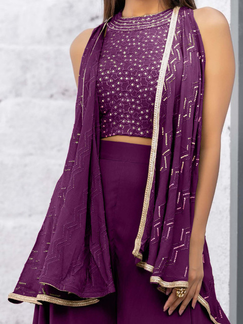 SANCIA Embroidered Halter Neck Crop Top With Palazzos & Dupatta - Image 2