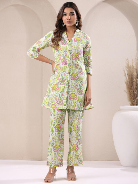 Janasya Women's Green Pure Cotton Floral Printed Straight Co-ord Set