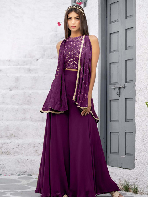 SANCIA Embroidered Halter Neck Crop Top With Palazzos & Dupatta - Image 3