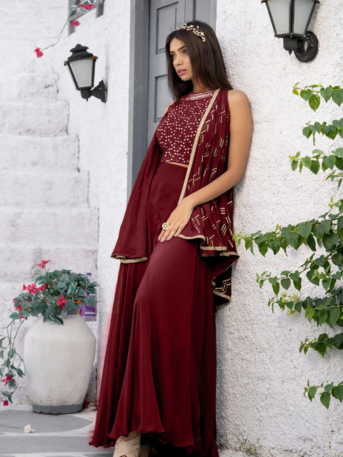 SANCIA Embroidered Halter Neck Crop Top with Palazzos & Dupatta - Image 5