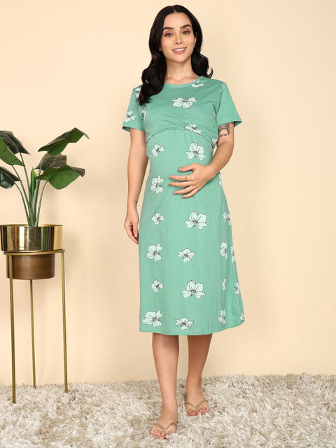 Moms Ever Women Printed Pure Cotton Maternity & Feeding Loungewear Dress