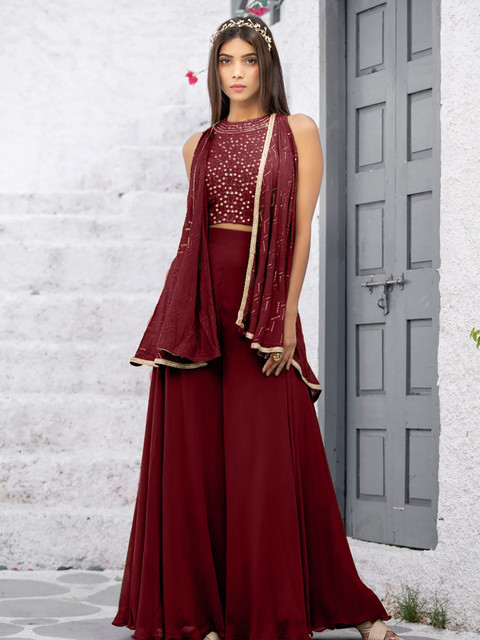 SANCIA Embroidered Halter Neck Crop Top with Palazzos & Dupatta - Image 3