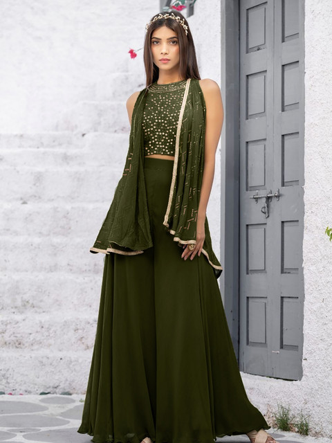 SANCIA Embroidered Halter Neck Crop Top with Palazzos & Dupatta - Image 3