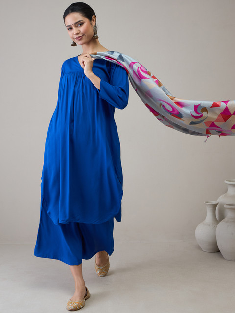 InWeave Women Pleated Fusion Kurta with Palazzos & With Dupatta