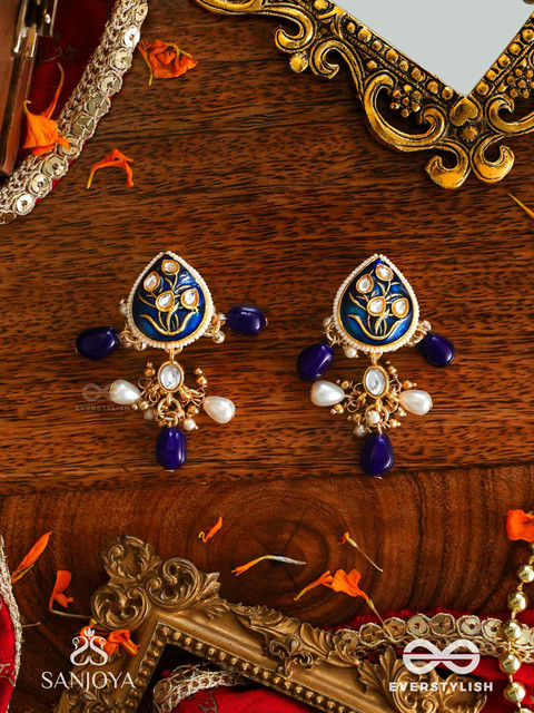 EVERSTYLISH Sanjoya Kundan Earrings with Deep Blue Enamel, Golden Details & Pearls