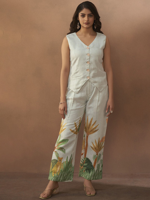 Anouk Off White Floral V-Neck Printed Waistcoat With Trousers