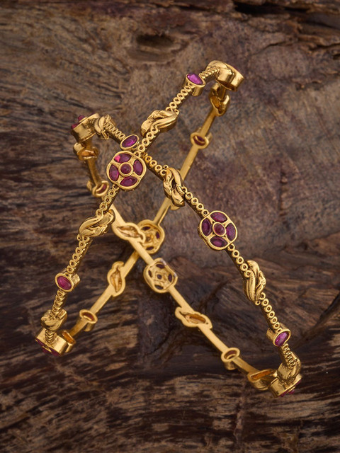 Kushal's Fashion Jewellery Set Of 2 Gold-Plated Ruby-Studded Antique Bangles