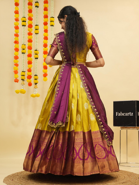 Fabcartz Floral Woven Design Zari Semi-Stitched Lehenga & Unstitched Blouse With Dupatta - Image 5