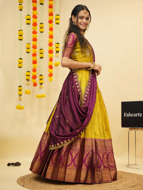 Fabcartz Floral Woven Design Zari Semi-Stitched Lehenga & Unstitched Blouse With Dupatta - Image 4