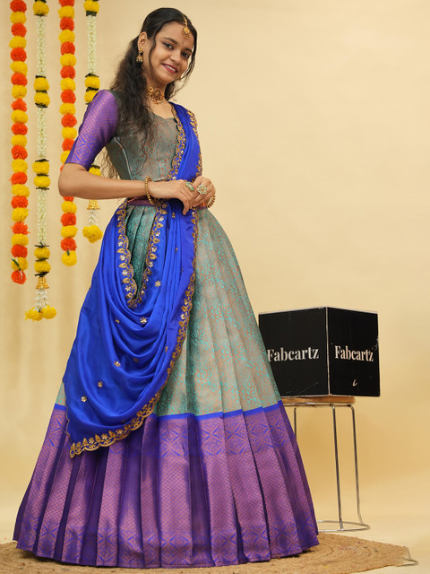 Fabcartz Floral Woven Design Zari Semi-Stitched Lehenga & Unstitched Blouse With Dupatta - Image 4