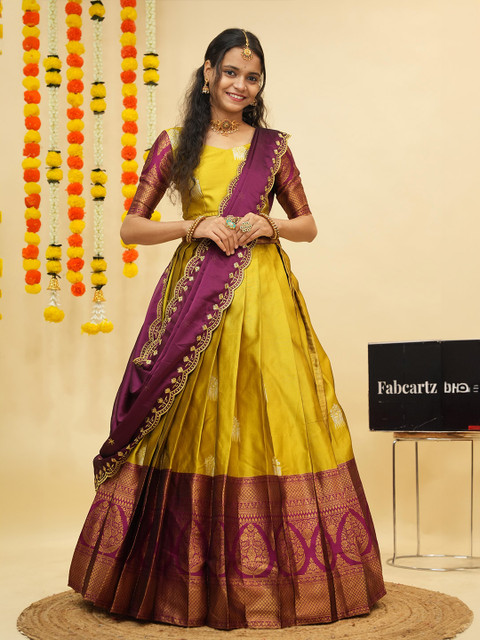Fabcartz Floral Woven Design Zari Semi-Stitched Lehenga & Unstitched Blouse With Dupatta