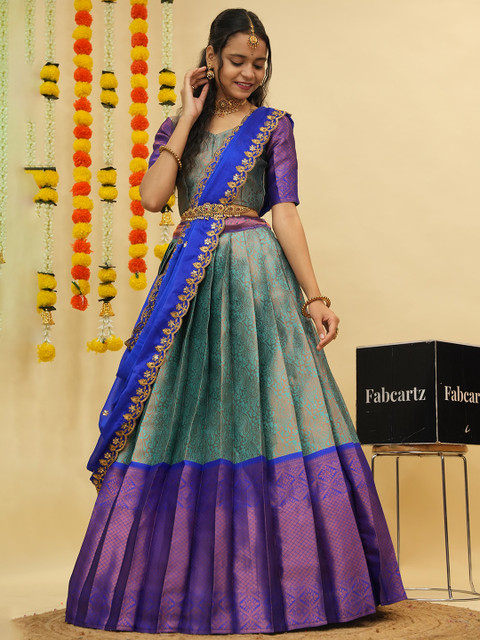 Fabcartz Floral Woven Design Zari Semi-Stitched Lehenga & Unstitched Blouse With Dupatta - Image 6