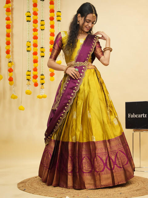 Fabcartz Floral Woven Design Zari Semi-Stitched Lehenga & Unstitched Blouse With Dupatta - Image 6