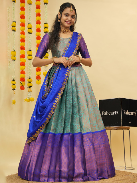 Fabcartz Floral Woven Design Zari Semi-Stitched Lehenga & Unstitched Blouse With Dupatta