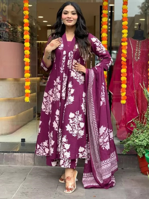 KALINI Floral Printed Pleated V-Neck A-Line Kurta With Palazzos And Dupatta - Image 3