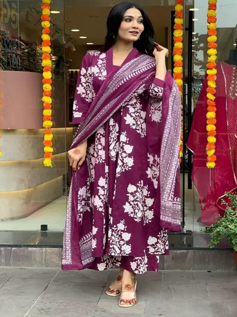 KALINI Floral Printed Pleated V-Neck A-Line Kurta With Palazzos And Dupatta - Image 4