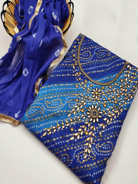 HERE&NOW Bandhani Printed Gotta Patti Cotton Jacquard Unstitched Dress Material