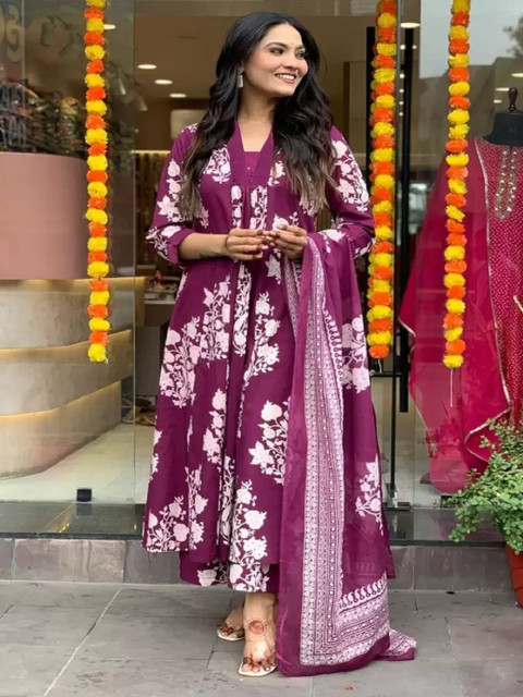 KALINI Floral Printed Pleated V-Neck A-Line Kurta With Palazzos And Dupatta - Image 6