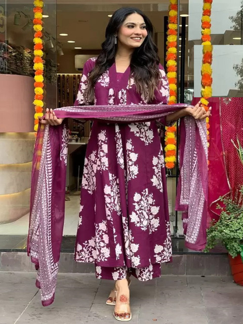 KALINI Floral Printed Pleated V-Neck A-Line Kurta With Palazzos And Dupatta - Image 5