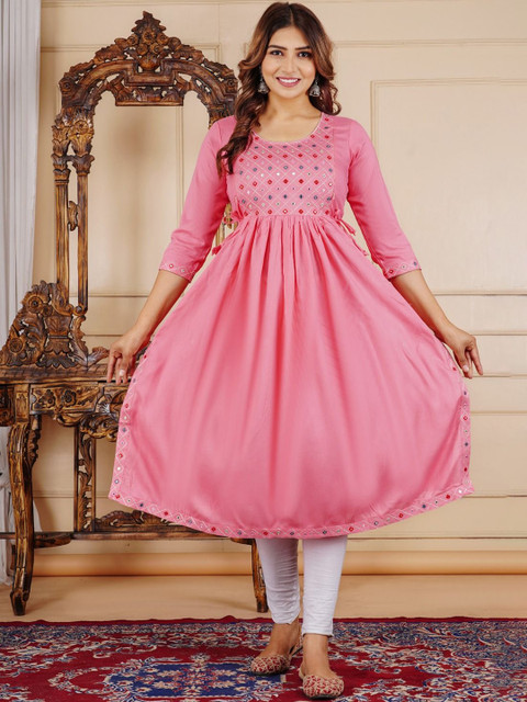 clothonus Ethnic Motifs Embroidered Round Neck Mirror Work Anarkali Maternity Kurta