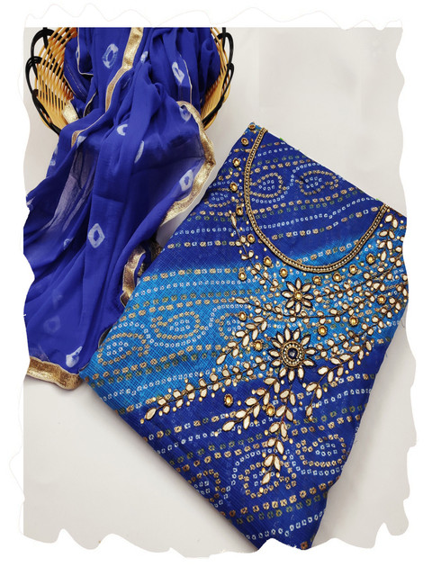 HERE&NOW Bandhani Printed Gotta Patti Cotton Jacquard Unstitched Dress Material - Image 2