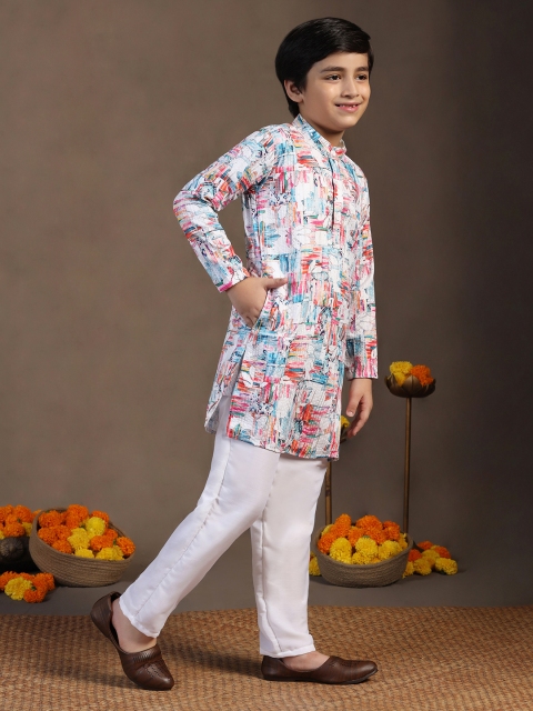 Sangria Boys White Abstract Printed Band Collar Sequinned Straight Kurta With Trousers - Image 3