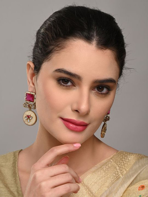 Anvik Artificial Stones Studded And Beaded Contemporary Shaped Drop Earrings - Image 4